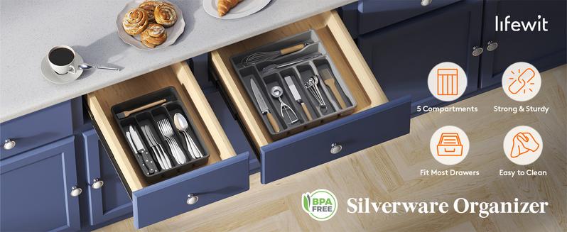 Lifewit 5 Compartment Plastic Silverware Drawer Organizer Tray - Efficient and Versatile Storage for Kitchen and Home - Kitchen Knives Cutlery Sturdy