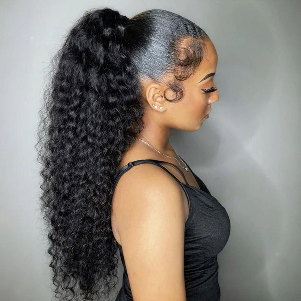 OQ HAIR Water Wave Ponytail InvisiFit Strap Cap With Clip In 100% Human Hair Ponytail Hair Kinky Straight Ponytail Hair Extensions Beginner Friendly