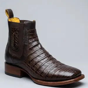 Mens Short Brown Caiman Print Square Toe Boots