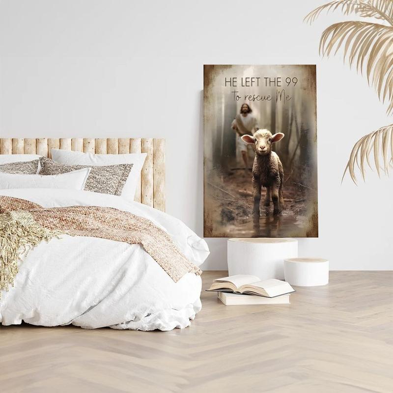 2D flat canvas wall art, framed, 1 piece — Jesus and the Lost Lamb, religious allegory scene, vintage oil painting style, canvas poster for room wall decor, ideal gift for bedroom, living room, hallway, dorm, ready to hang