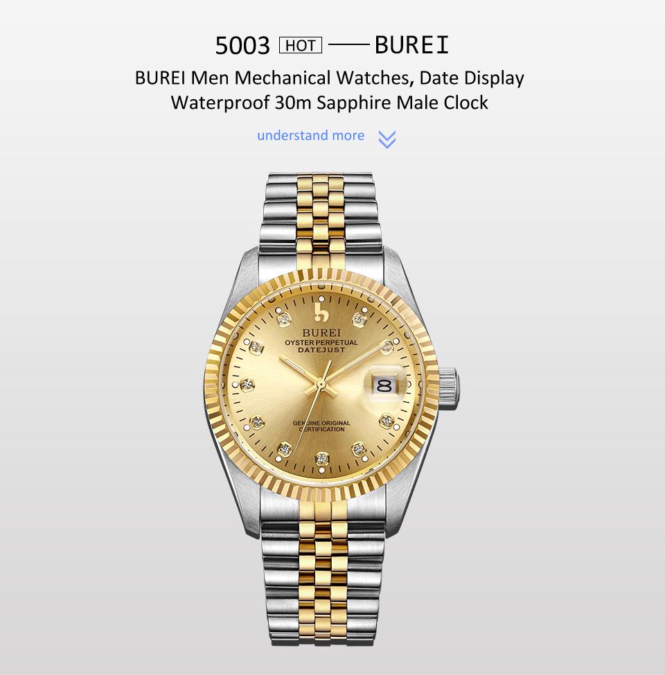 BUREI Men's Luxury Automatic Watch Two Tones Stainless Steel Dress Wrist Watches Self-Winding