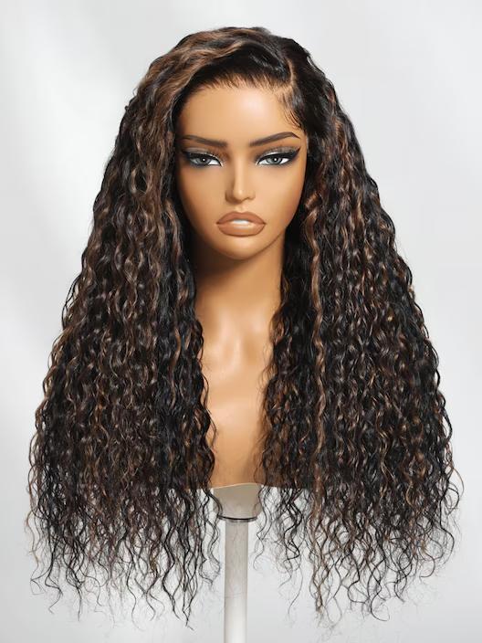Unice  Water Wave Wig Black with Golden Brown Highlights Bye Bye Knots Pre-cut 7x5 HD Lace Closure Human Hair Wigs Natural Scalp Ready to Wear Beginners Friendly