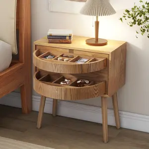 Rotating Hidden Compartment Nightstand with Rattan Panel, Mid Century Storage End Table, Push Open Drawer Side Cabinet, Wooden Leg Furniture for Bedroom Living Room Dorm Entryway