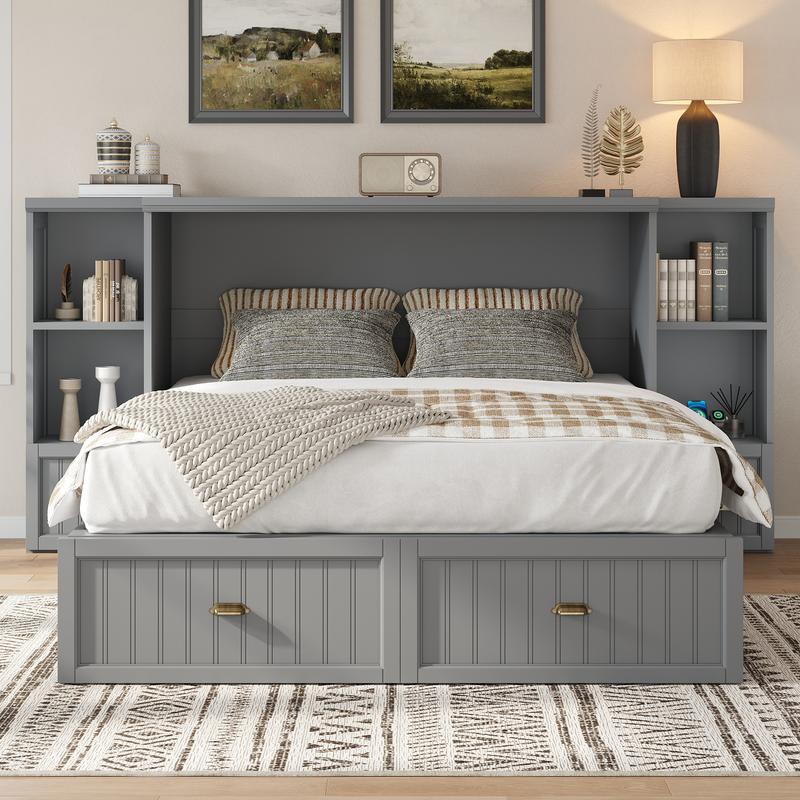 [Ships in 2 Boxes] AMERLIFE Murphy Bed with Bedside Tables, Foldable Cabinet with 3 Storage Drawers & Charging Station, Farmhouse Hideaway Bed for Bedroom/Office/Guest Room