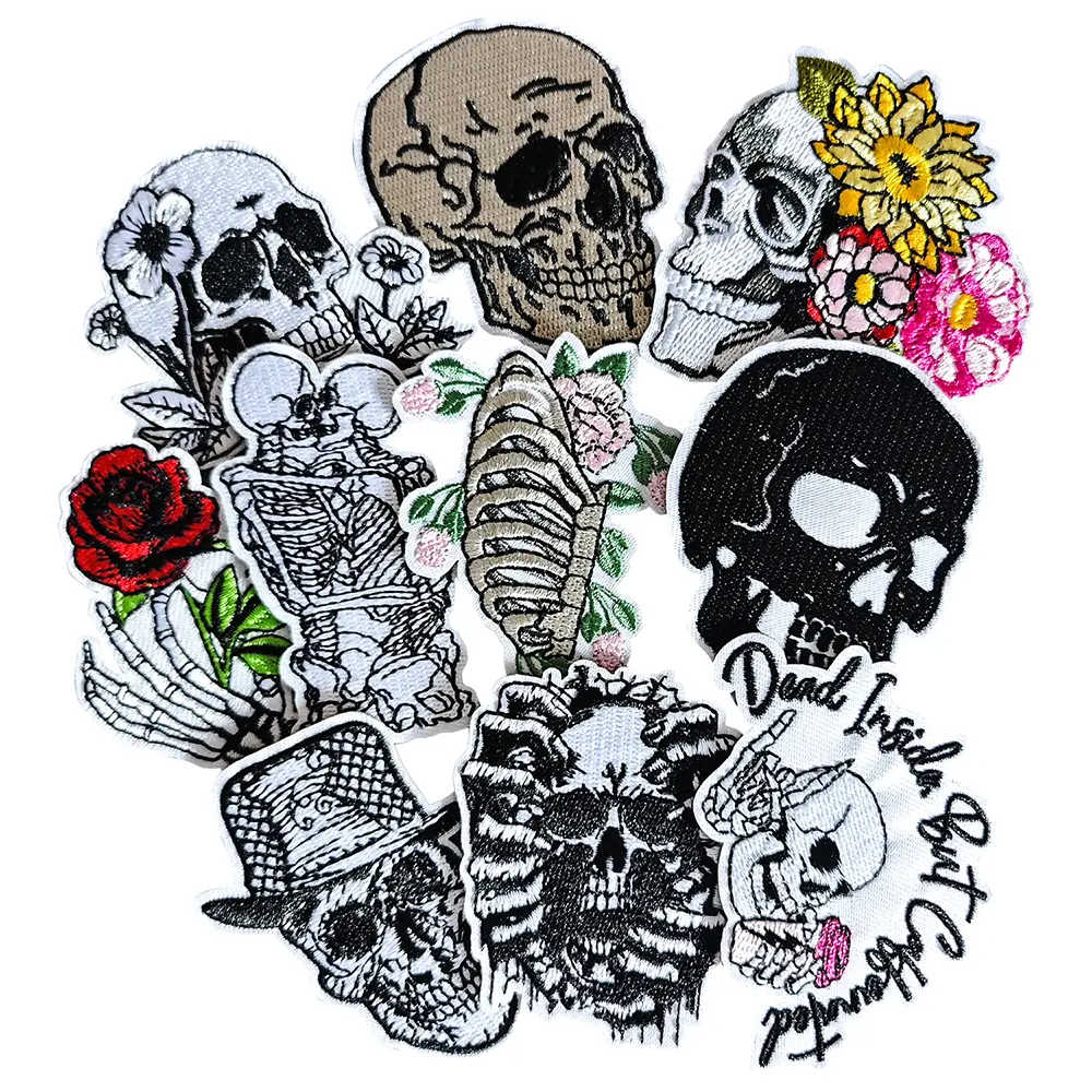 Gothic Punk Beach Scene Iron-On Cotton Skeleton Decal Patches - 10-Piece Adhesive Embroidery Sets for DIY Decoration on Clothing, Jackets, Backpacks for Goth Enthusiasts, Women's & Men's Clothes