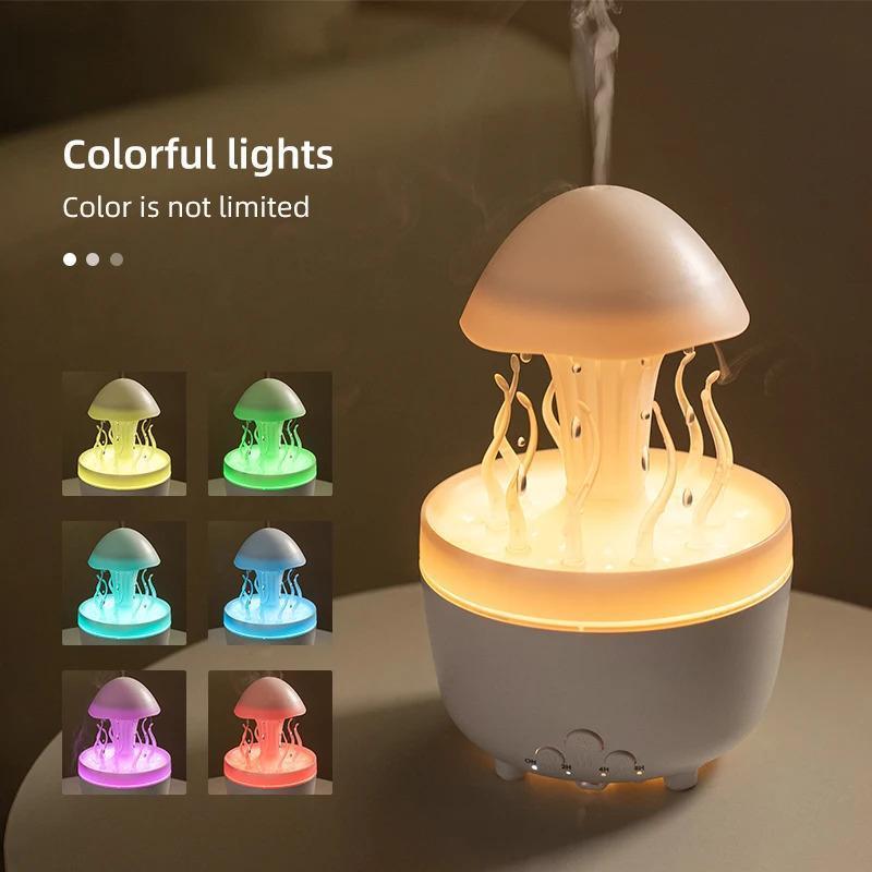 Home rotating raindrop aroma diffuser with colored night light, desktop mushroom and aquatic plant air humidifier with remote control.