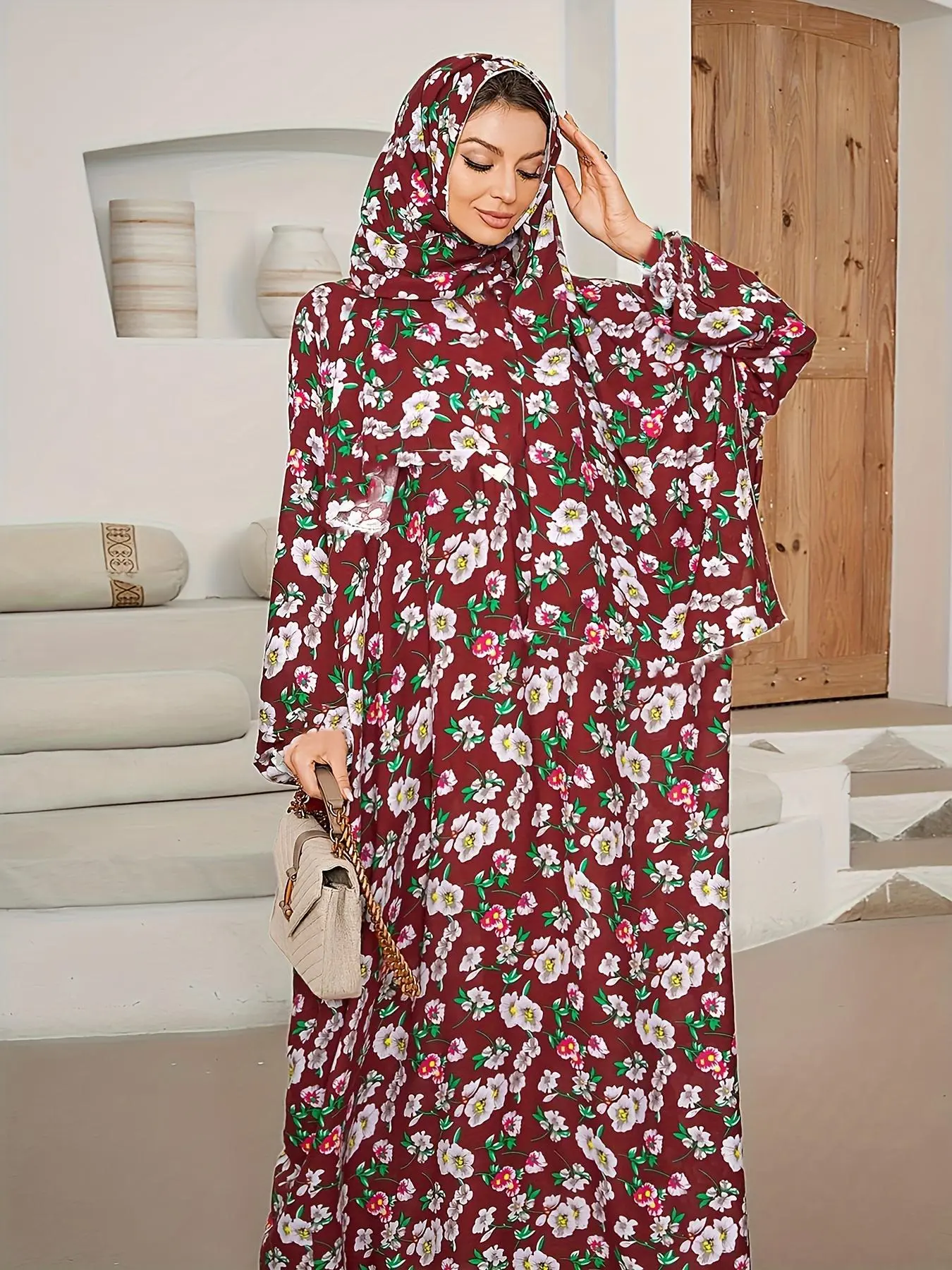 Women's Ditsy Floral Print Long Sleeve Hooded Abaya, Elegant Batwing Sleeve Maxi Muslim Dress, Ladies Islamic Clothing for All Seasons, Islamic Modesty Clothes, Modesty Muslim Clothing, Machine Washable