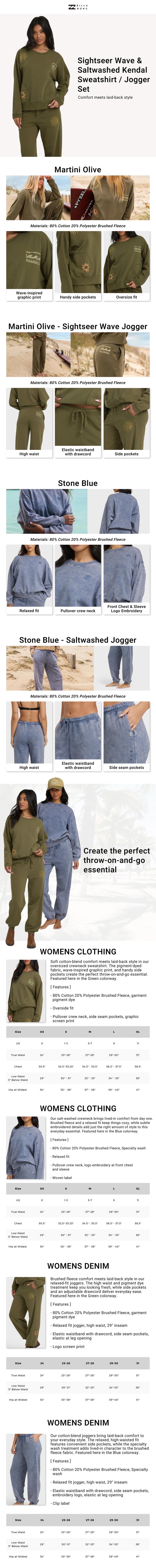 BILLABONG Sightseer Wave Crewneck Sweatshirt &Wave Jogger,80% Cotton Saltwashed[Two Options, Set Available]