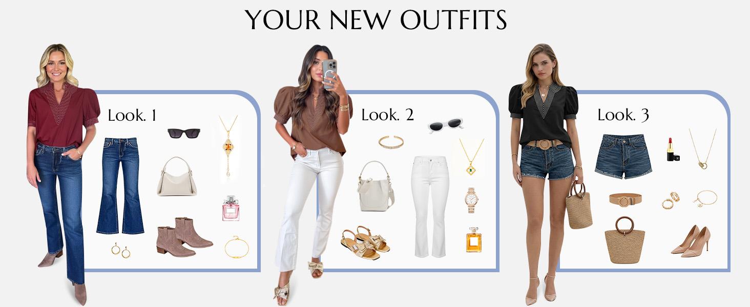 Cicy Bell Womens Puff Short Sleeve Blouses Summer Casual Dressy Contrast Stitch V Neck Tops Loose Fit Tee Shirts