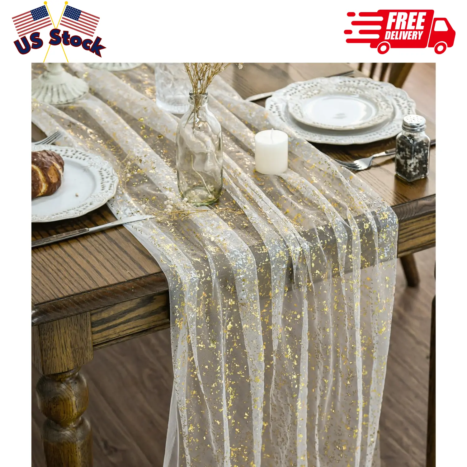 Beige Gold Gauze Table Runner 120 Inch 10 FT, Glitter Metallic Foil Sheer