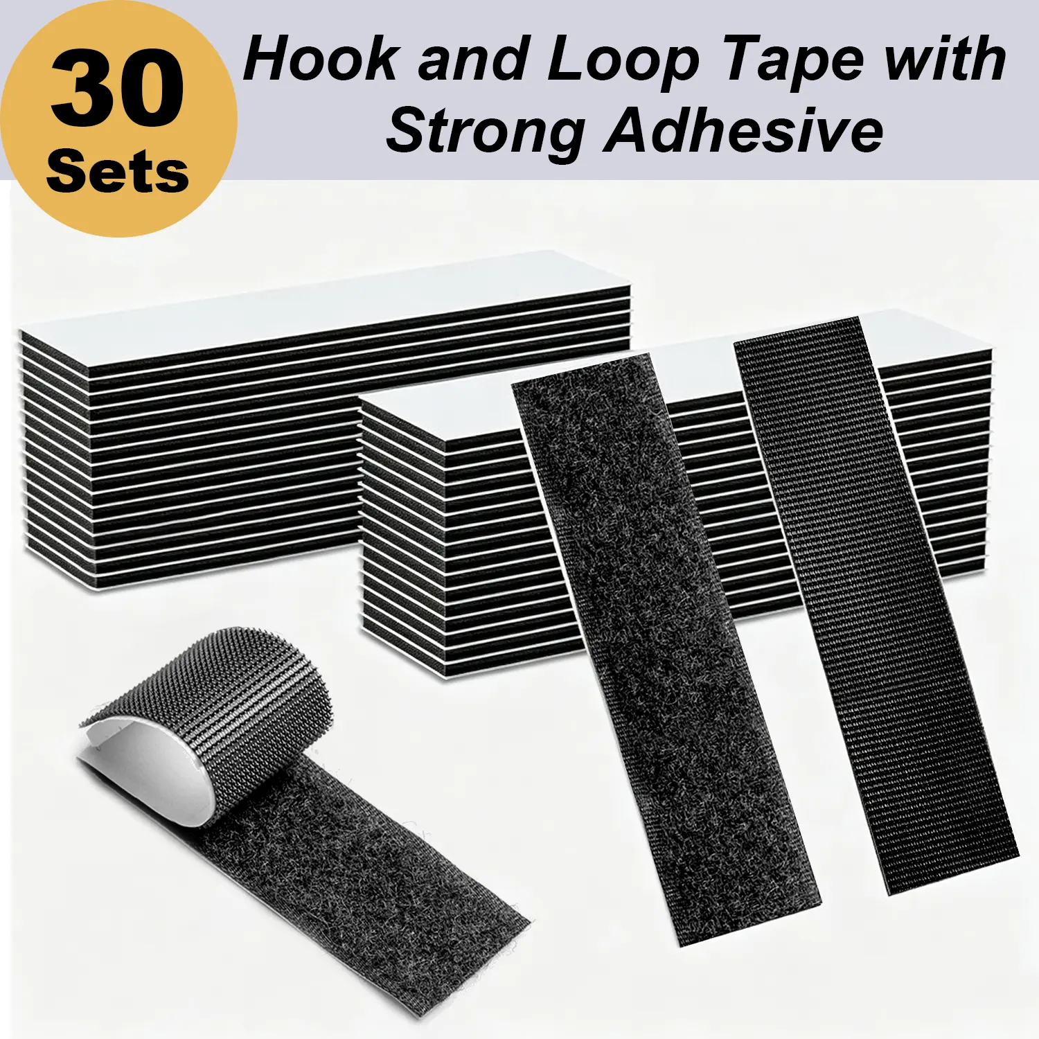 30 Sets Hook and Loop Strips with Adhesive, 1.2x3 Inch Double-Sided Tape Sticky Back Heavy Duty