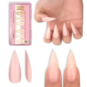 NOVO OVO Sharp Stiletto Nail Tips Press on Medium Long Pure Color Baby Pink, Soft Gel Fake Acrylic Extension, Full Cover False Nails for Salon DIY x 16 Sizes 224 pcs