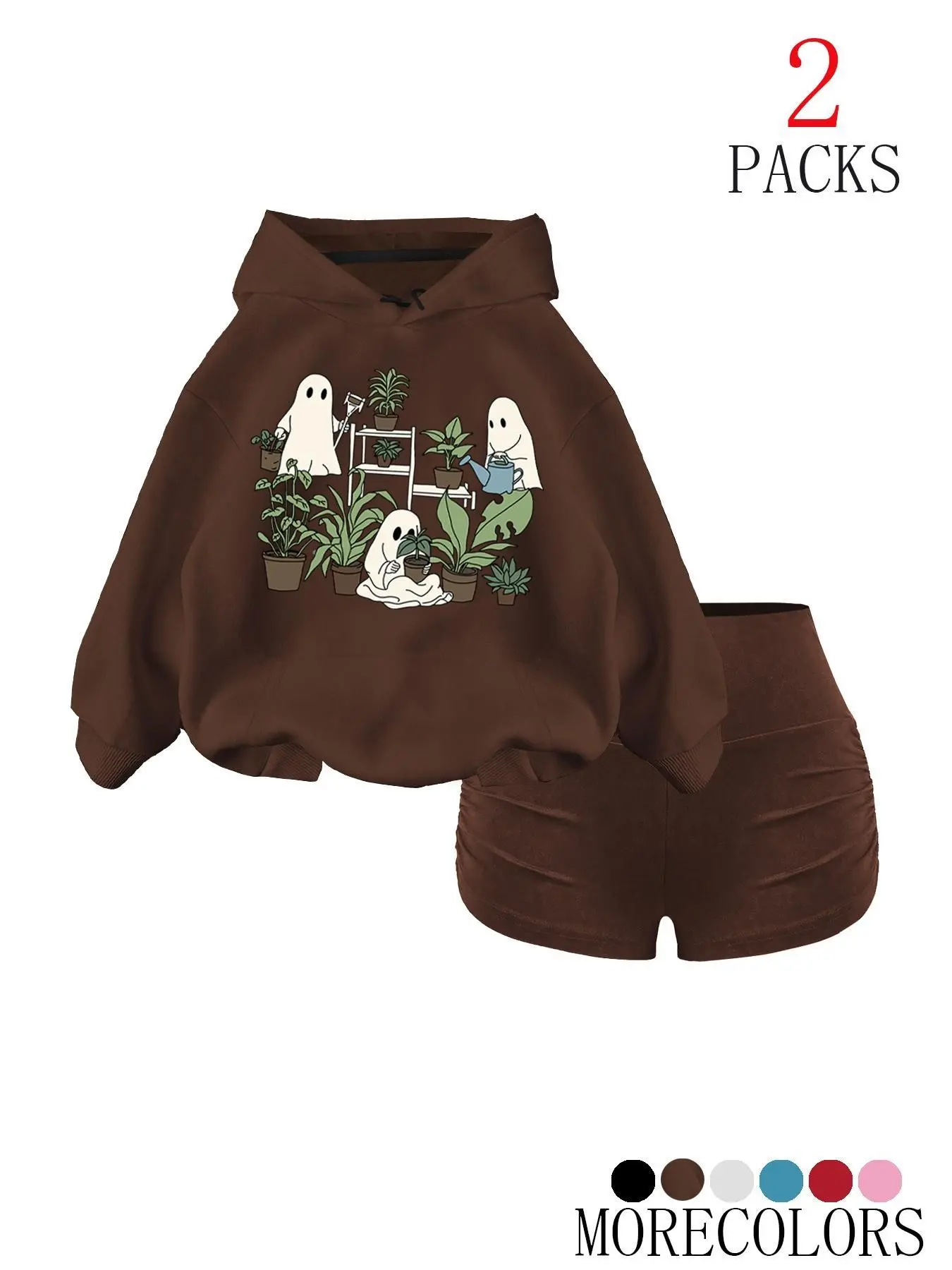 Women's Fall & Winter Warm Casual Hooded Sweatshirt Set, Preppy Style Fleece Pullover with Drawstring and Pocket, Halloween Ghost Plant Print, 2 Piece