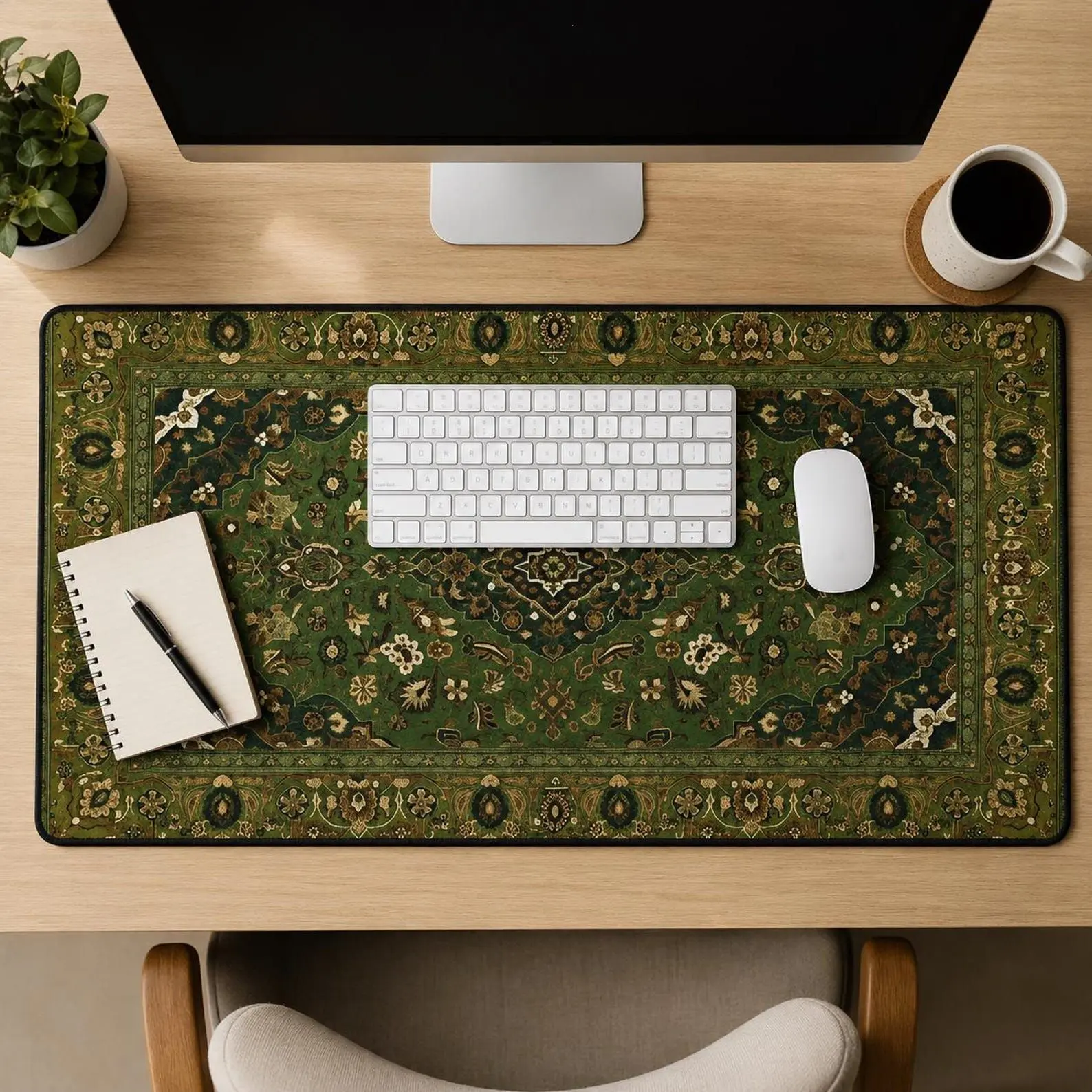 Green Persian Rug Desk Mat, Vintage Style Extended Mouse Pad