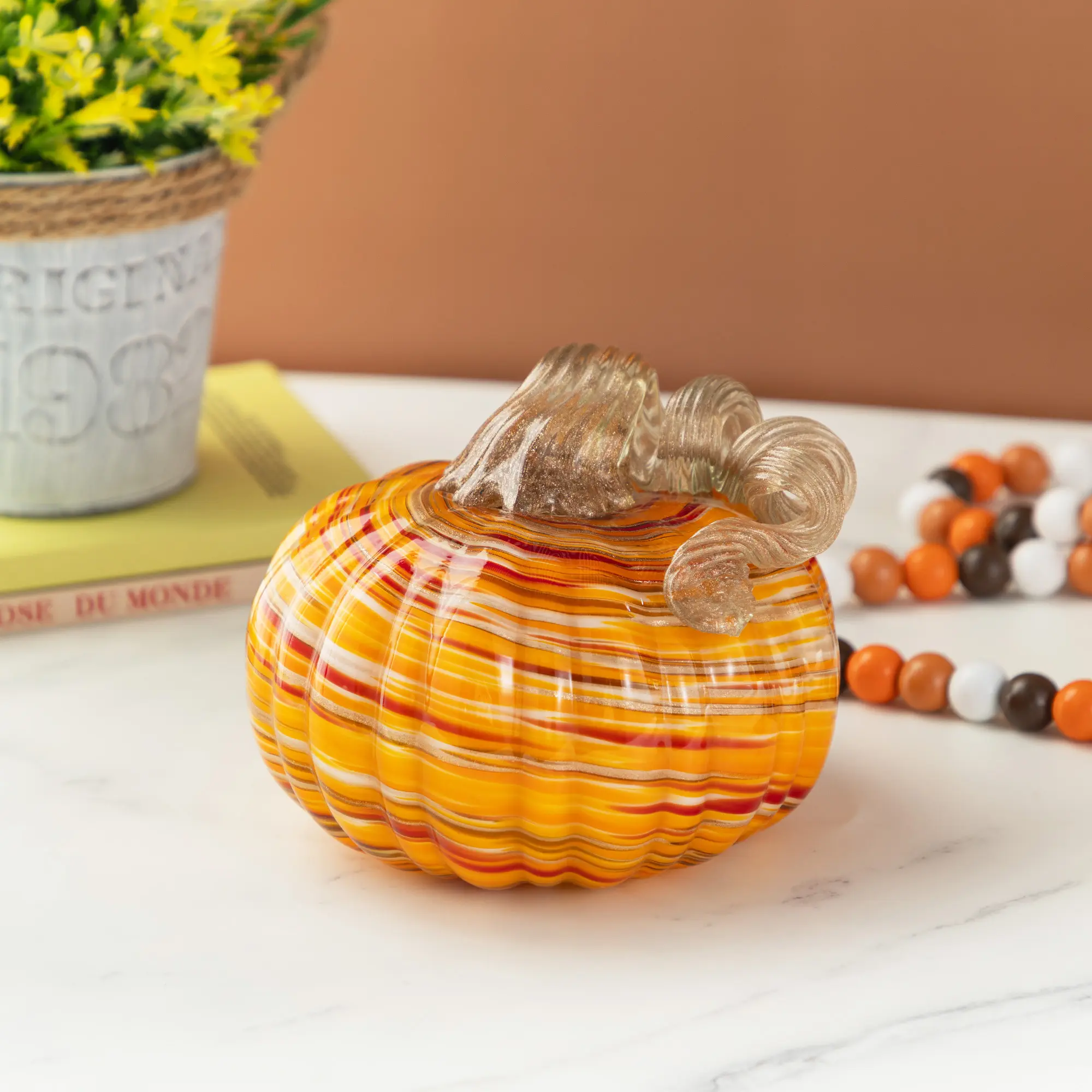 Glitzhome 6" Drop-Proof Fall Multi-Stripes Glass Pumpkin, Festive Decor & Room Decor, Leaf-Accented Pumpkin Centerpiece