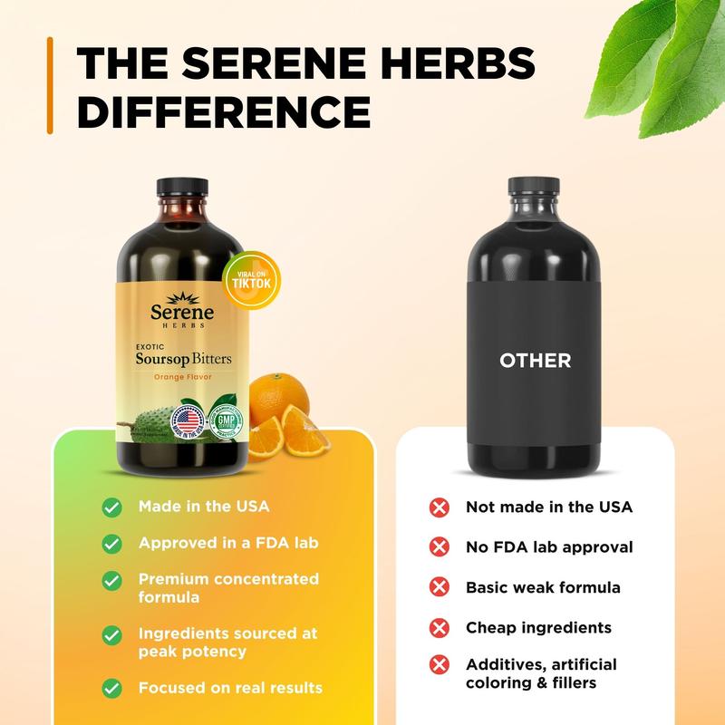 Serene Herbs Soursop Bitters Liquid Orange with Soursop Leaves for Gut Cleanse, Detox, Digestive Wellness & Immune Boost with Black Seed, Moringa, Irish Moss, Ashwaganda, Turmeric (16 FL oz, Orange)