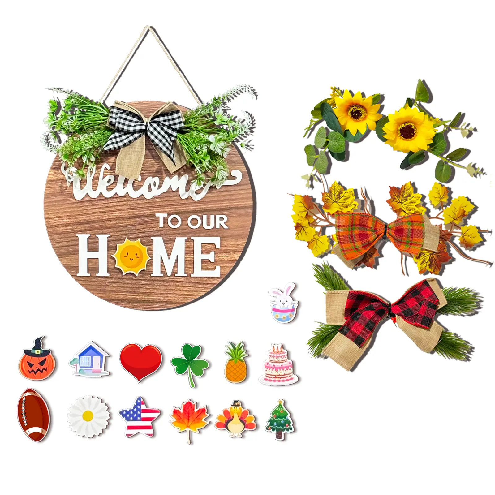 All-Season Front Door Decoration, Wooden Welcome Sign 12x12 Inch Round Hanging Wreath for Porch, Entryway, and Home Wall Decor, Mothers' Day Halloween Christmas Decor