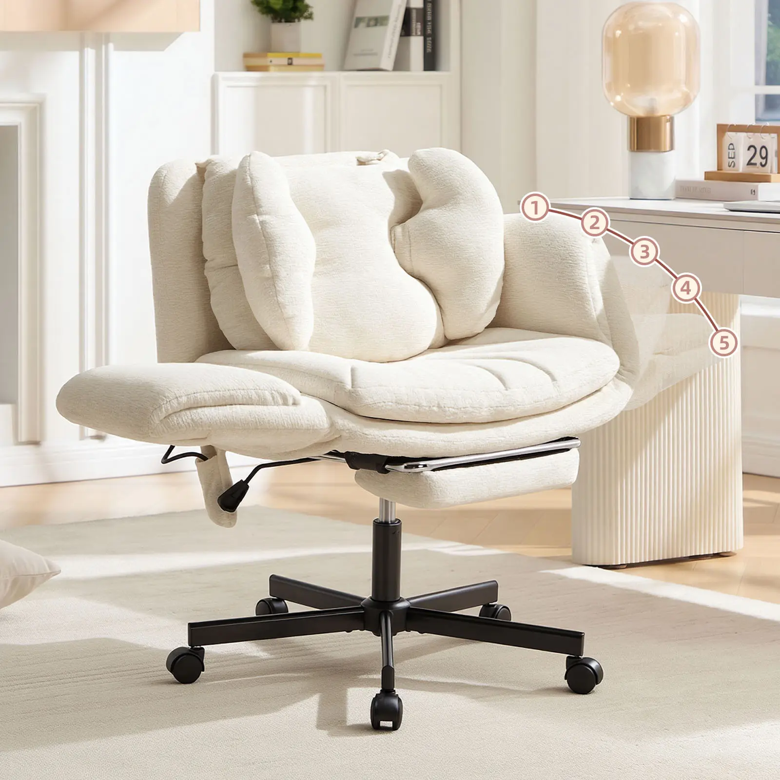 Oversized Criss Cross Office Chair with Retractable Footrest | 5-Gear Expandable Cross Legged Desk Chair with Built-in Lumbar Airbag And Flip Pillow, 8 Aesthetic Colors