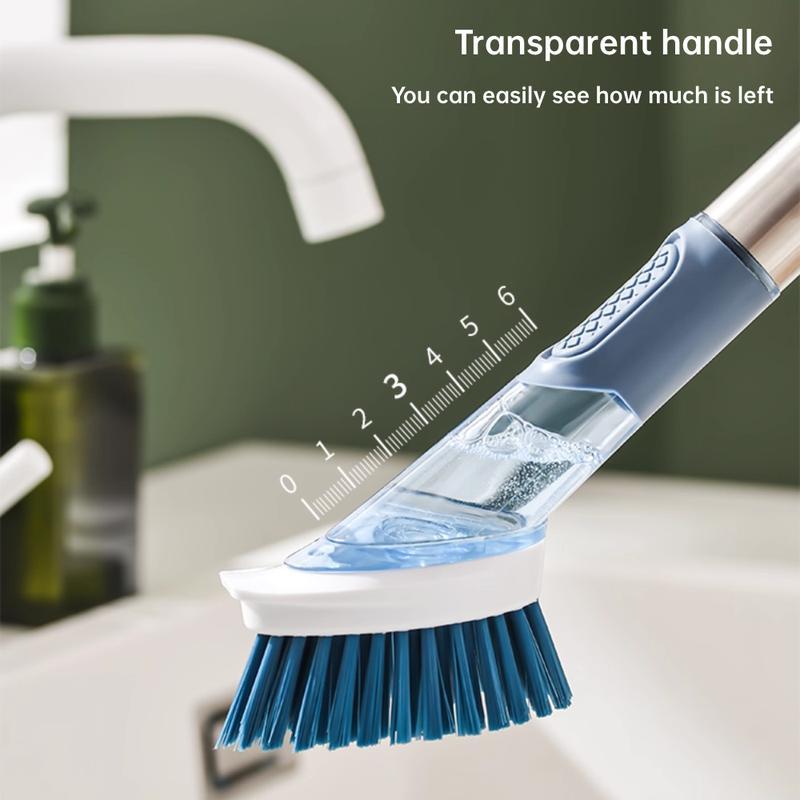 Kitchen Dish Brush with Soap Dispenser Set - 4 Replaceable Cleaning Heads Ergonomic Handle Scrub Brush for Dishes Pans Sink Household Cleaning Tools