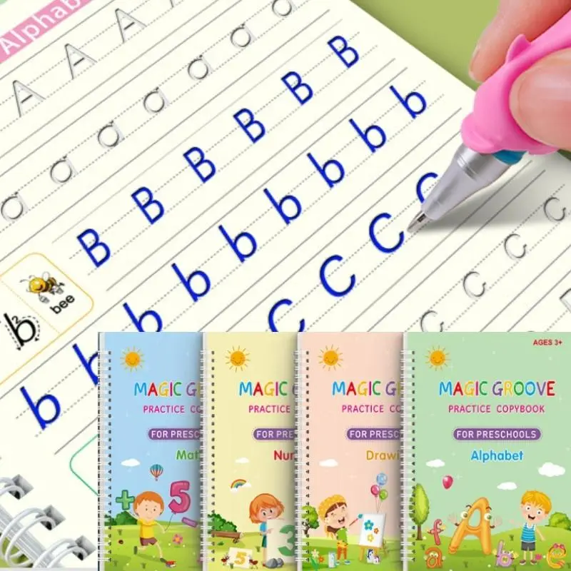 4 Pack Magic Grooved Copybook Set - Reusable Handwriting Practice Workbook - Auto Fade Ink - Fix Messy Writing Fast - Montessori Educational Learning Gift for Kids Teaching Supplies School Supplies Notebook Journal Lettering school supplies college