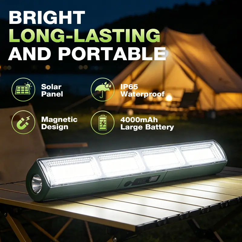 168-LED Solar Rechargeable Camping Light with 47-Inch Adjustable Tripod Stand – 4000mAh Magnetic LED Work Light with USB Power Bank, Battery Level Display & 4 Brightness Modes for Camping, Car Repair, Workshops & Outdoor Patio