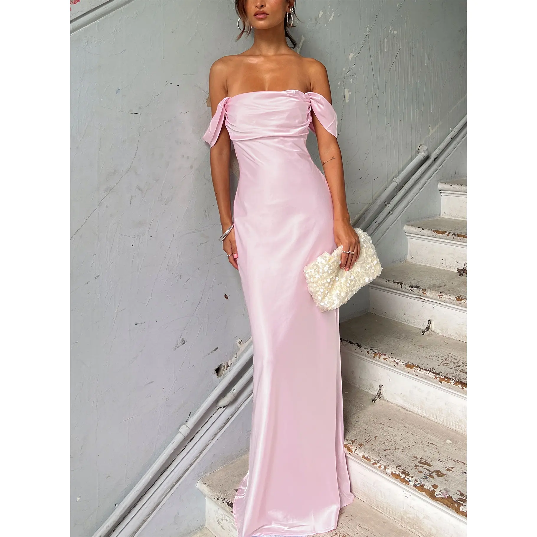 plus size chiffon maxi dress Berylove Women Maxi Mother Dress Plus Size Grey Purple One Shoulder Ruffled Sleeves Chiffon Wedding Party Guest Dress, Grey Purple / 4XL