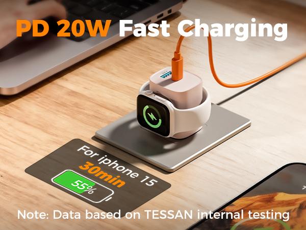 【Colorful Fast Charger】 Tessan 3-in-1 PD20W USB C Charger Block with Built-in Wireless Watch Charging, Dual Ports Wall Charger Compatible with iWatch Ultra/9/8/7/6, iPhone 17/17 Pro/16/16 Pro/15 Series, Electronic Cellphone, Apple Watch Seires
