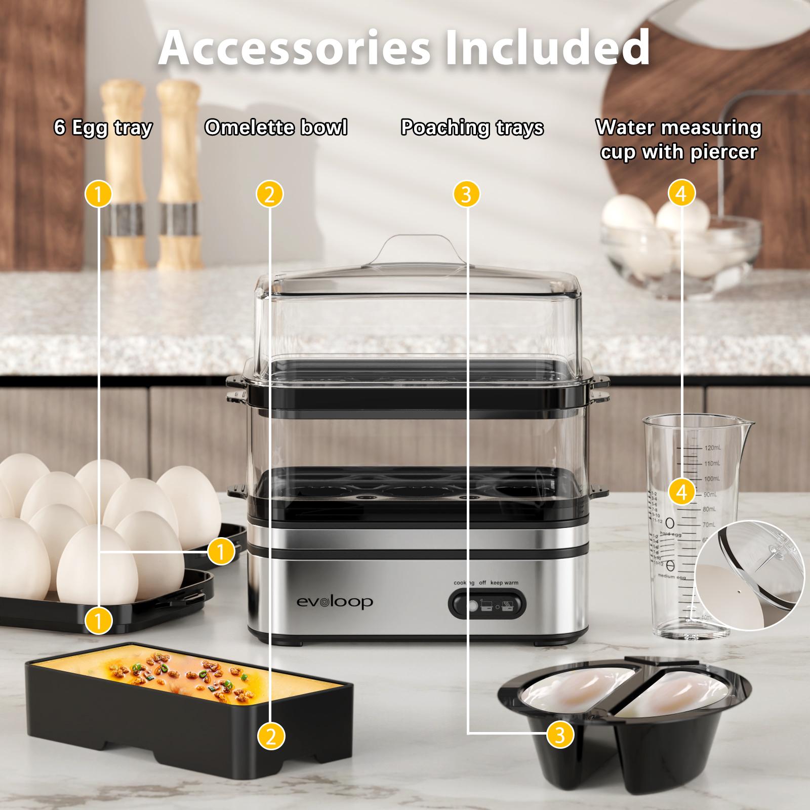EVOLOOP Rapid Egg Cooker Electric 12 Eggs Capacity, Soft, Medium, Hard Boiled, Poached, Omelet Maker Egg Poacher & Vegetable Steamer, BPA Free Tray EVOLOOP Rapid Egg Cooker Electric 12 Eggs Capacity, Soft, Medium, Hard Boiled, Poached, Omelet Maker Egg Poacher & Vegetable Steamer, BPA Free Tray