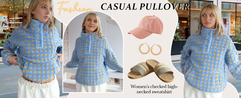 Hixiaohe Women's Plaid Hoodie Long Sleeved Sherpa Pullover Sweatshirt Half Buttoned High Neck Wool Plaid Oversized Top  TikTokShopBlackFriday