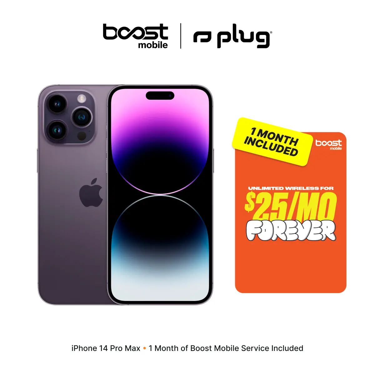 Refurbished Apple iPhone 14 Pro Max (Unlocked) + 1 Month of Unlimited Boost Mobile Service Included - Good Condition with 1-Year Warranty by Plug