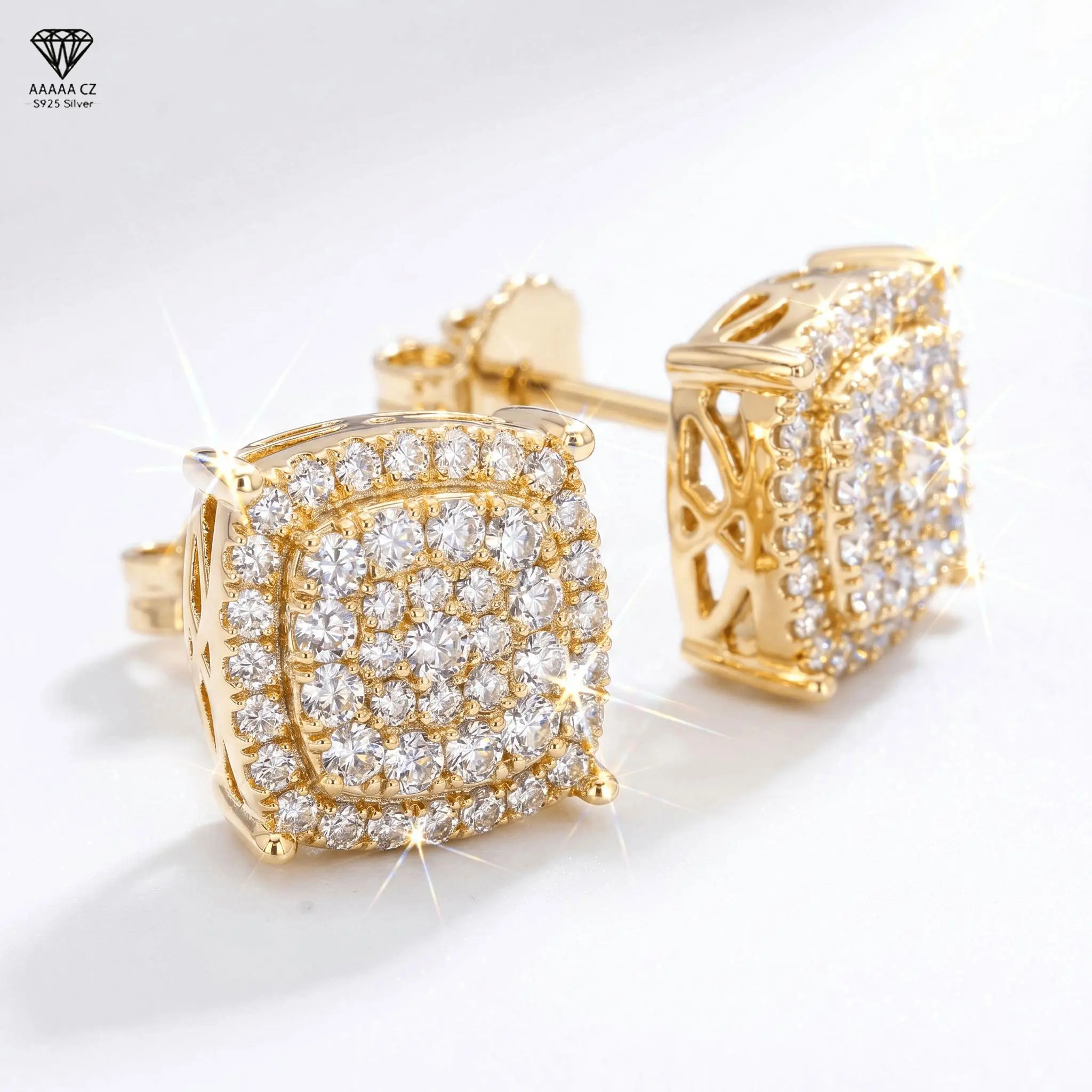 2026 Trend Elegant Square AAAA Cubic Zirconia 18K Gold-Plated 360° Sparkle Geometric Stud Earrings - Minimalist Dainty Jewelry with Shiny Rhinestones, Unisex Street Fit, Ideal Gift for Girlfriend, for Streetwear & Ear Stacking