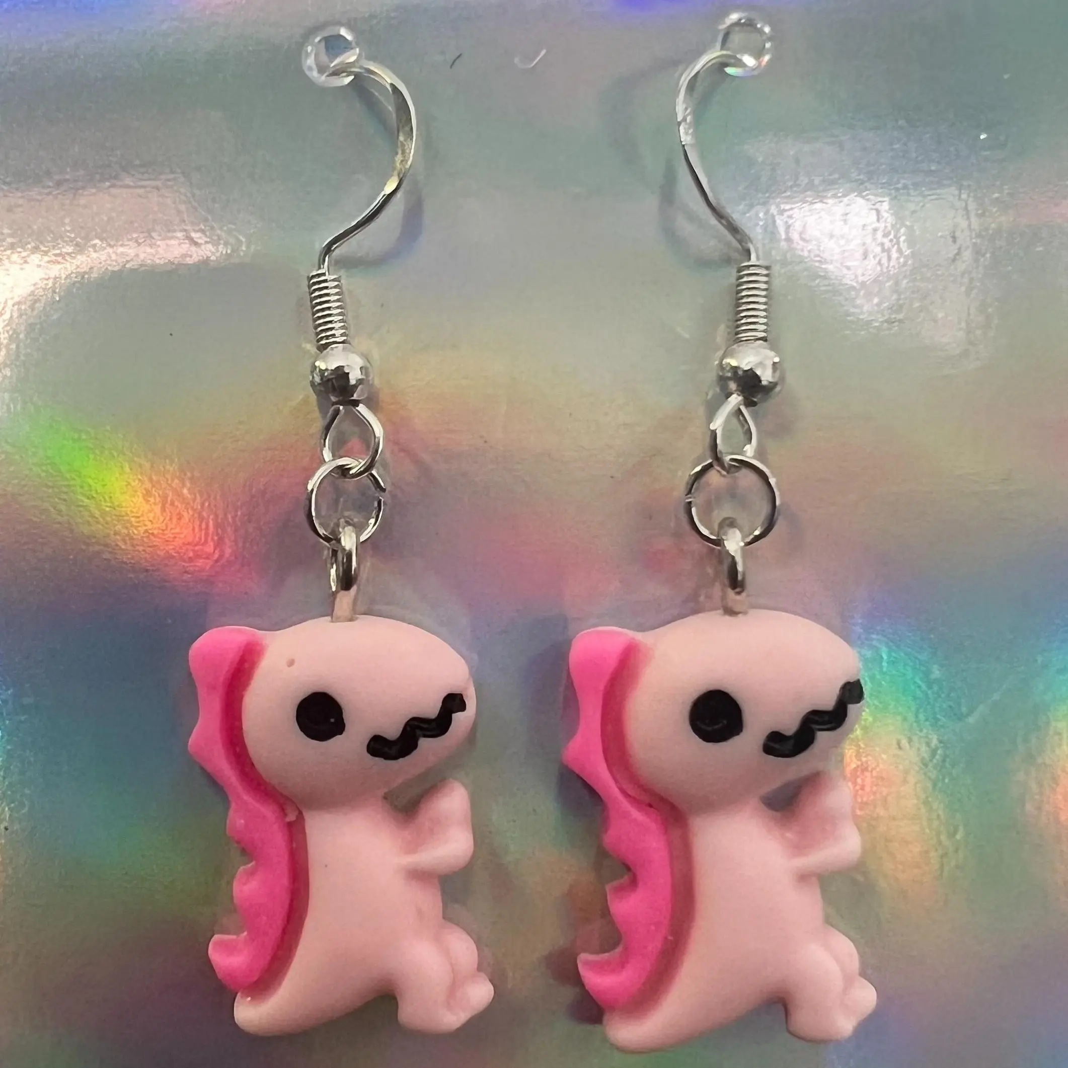 Bubblegum Pink T-Rex Dino Earrings – Girly Dangles with Hot Pink Mane – Adorable Prehistoric Jewelry