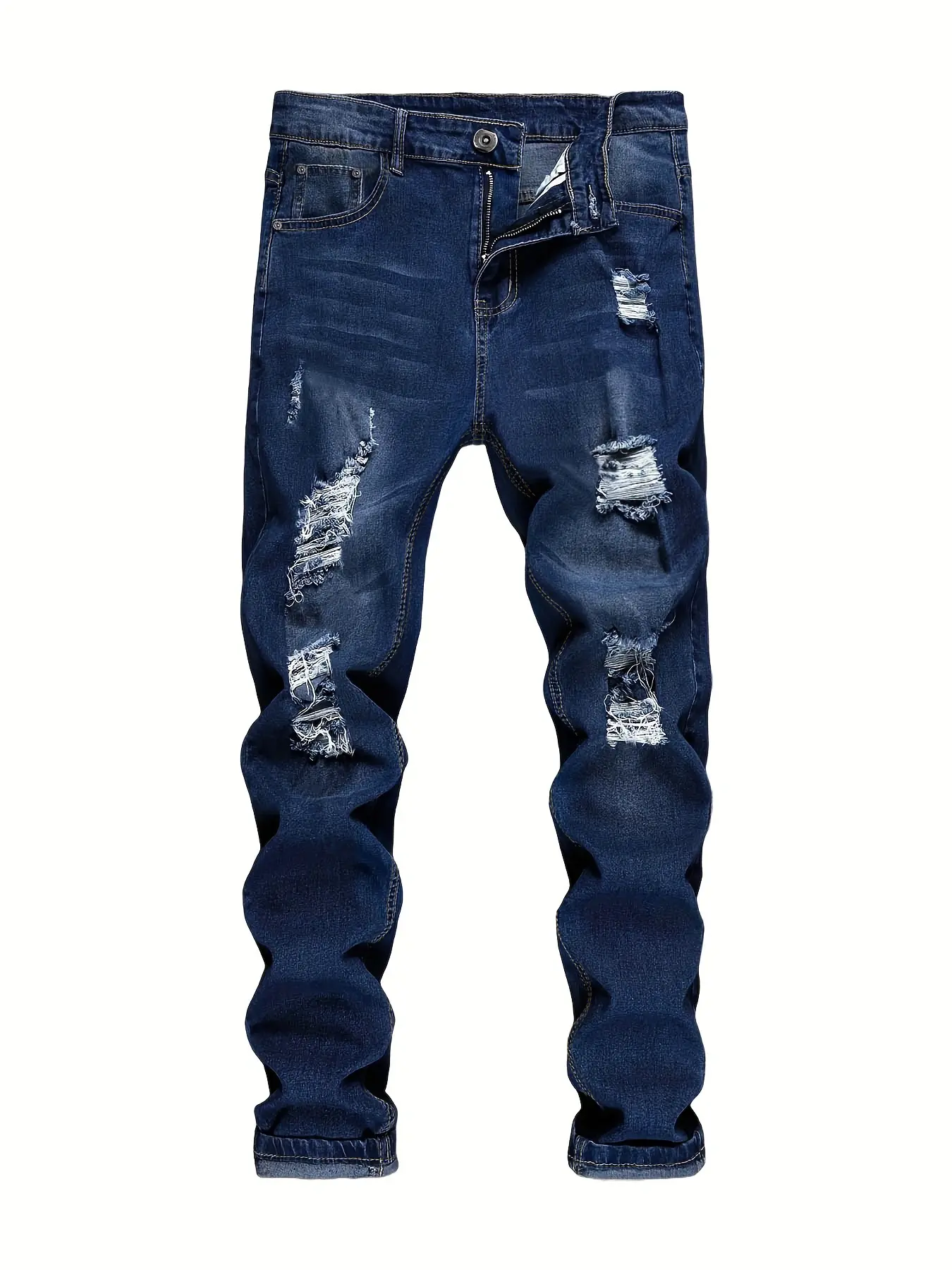Men's Ripped Slim Fit Plain Denim Jeans - Retro Natural Breathable Classic Menswear Fabric, Versatile Elastic Casual Distressed Pants, Durable, Casual Wear, Slim-Fit Cut Blue Overall, Solid, Ripped Details, Frayed Jeans, Casual Streetwear Distressed