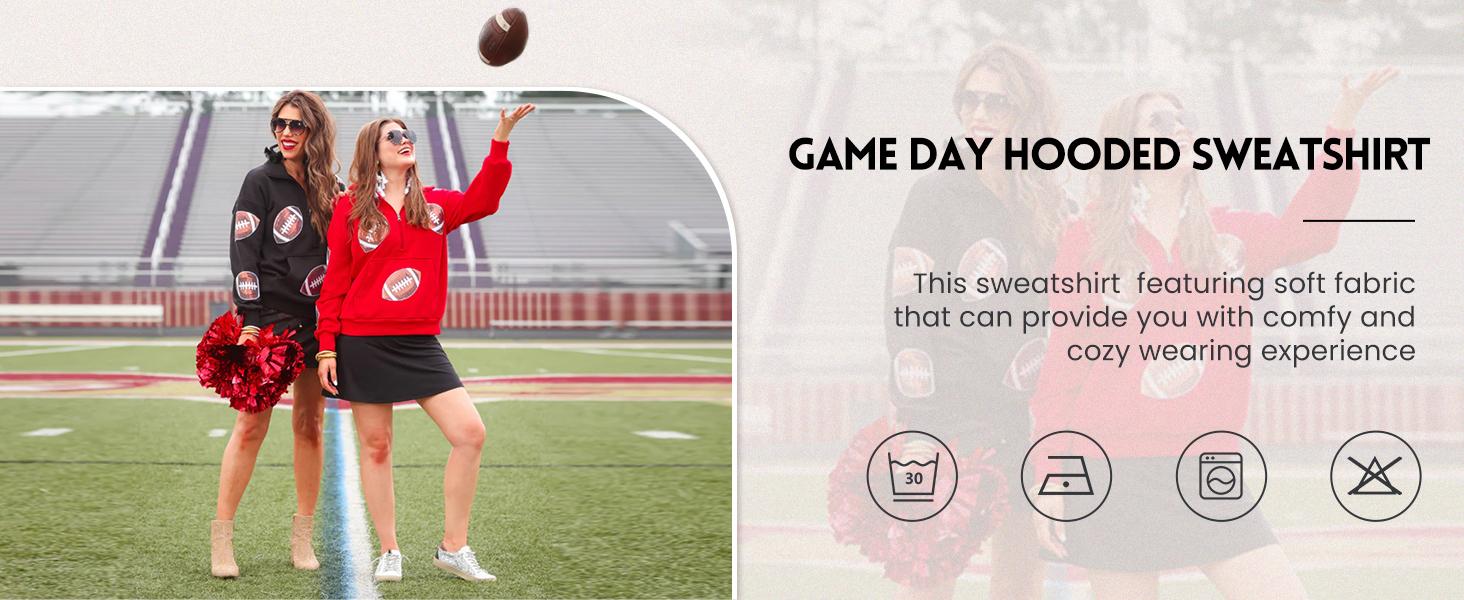 Molitree Women's Game Day Sweatshirts Football Sequin Long Sleeve Zipper Hoodies with Pocket Cotton Material Adjustable Drawstring Hooded Collar Front Kangaroo Pocket Casual Womenswear