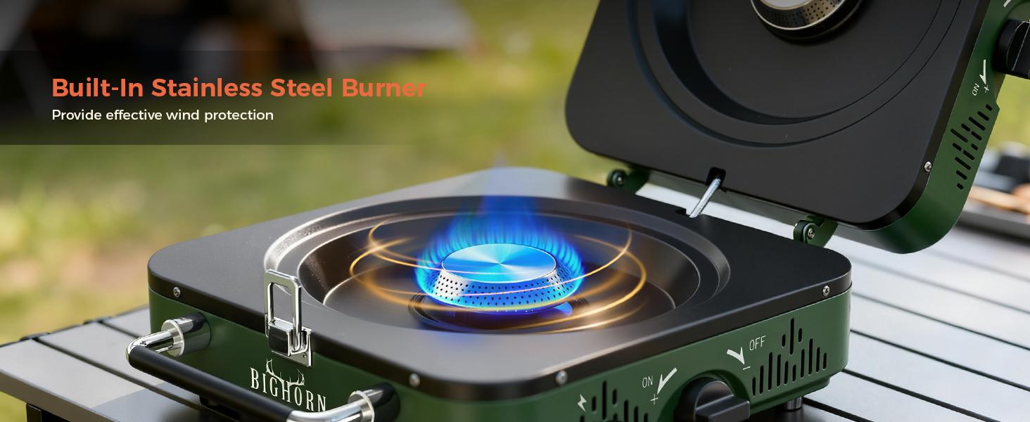 BIG HORN OUTDOORS 2 Burner Propane Camping Stove, Portable Camp Stove, Folding Gas Stove, Includes Frying Pan & Carry Bag for Camping, Emergency Use and Outdoor Cooking