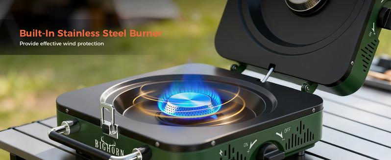 BIG HORN OUTDOORS 2 Burner Propane Camping Stove, Portable Camp Stove, Folding Gas Stove, Includes Frying Pan & Carry Bag for Camping, Emergency Use and Outdoor Cooking