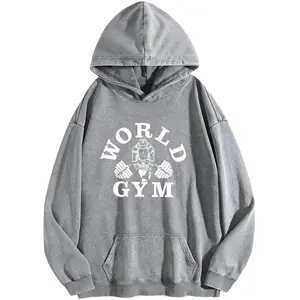 Holafish Women's World Gym Print Acid Wash Hoodie Vintage 2026 Oversized Loose Fit Winter Warm Streetwear Casual Tunic Graphic Long Sleeve Sweatshirt
