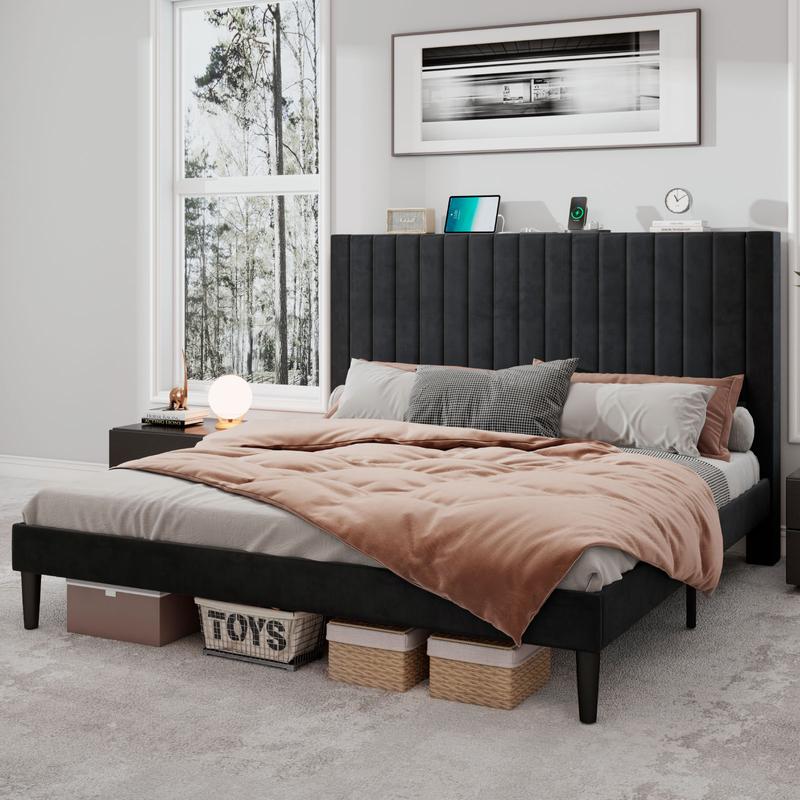 AMERLIFE Bed Frame Velvet Upholstered Tufted Headboard with Charging Station, Mattress Foundation, Box Spring Optional