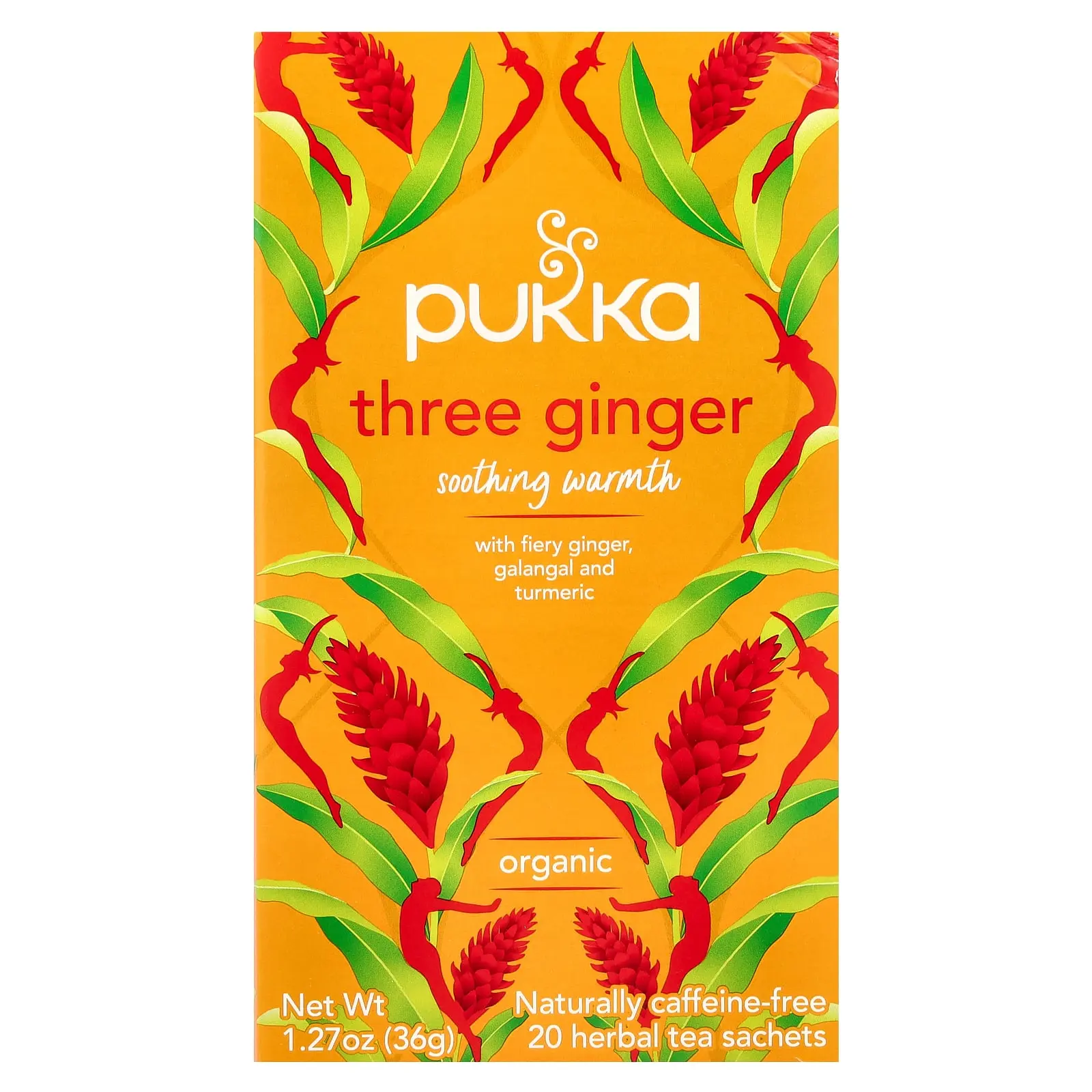 Pukka Herbs Organic Herbal Tea, Three Ginger, Caffeine Free, 20 Sachets, 1.27 oz (36 g)