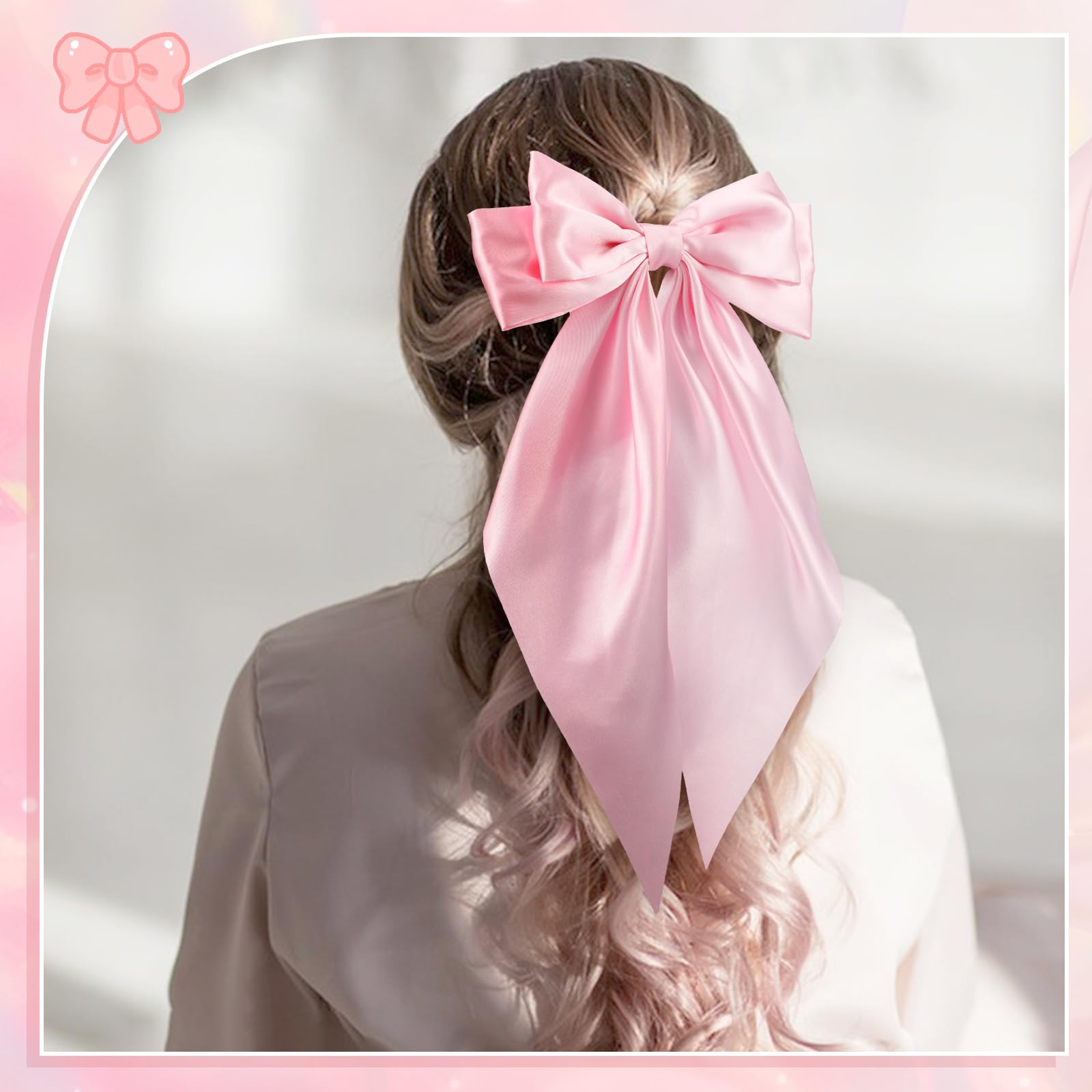 12PCS Satin Hair Bows for Women Oversized Large Tails Festive Gift Accessory Large Pink Hair Bows, 4 Pack Satin Hair Ribbons Bow Hair  main image 3