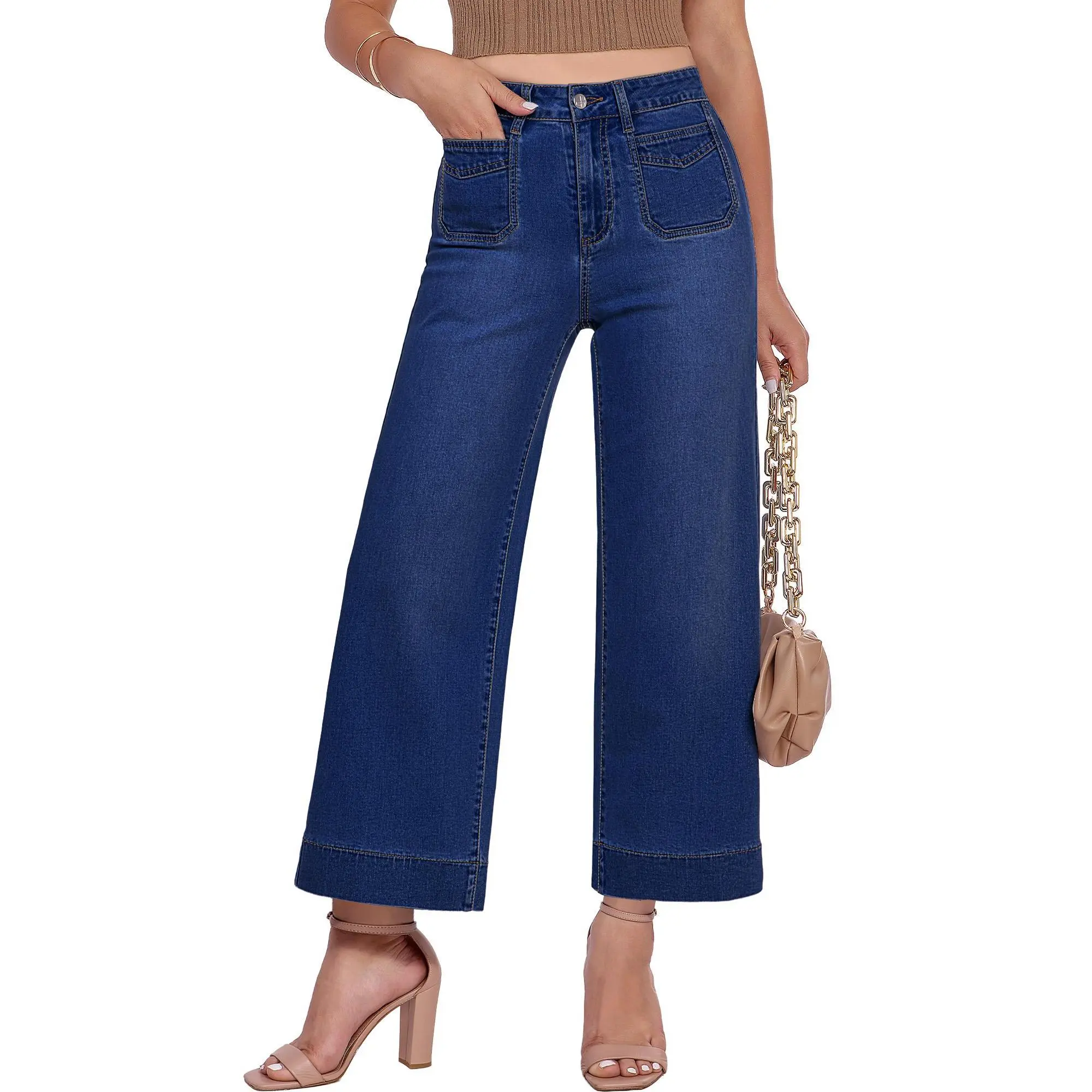【Blue Waters’ Viral Picks】GRAPENT Cropped Jeans for Women Trendy 2026 Wide Leg High Waisted Patch Pocket Stretchy Denim Pants Short Trouser Jeans Womenswear Bottom summerwins