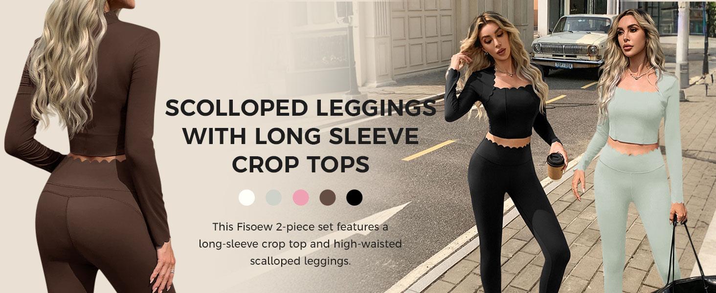 Fisoew Two Piece Workout Sets For Women High Waisted Scolloped Leggings with Crop Tops Gym Yoga Active Wear Outfits