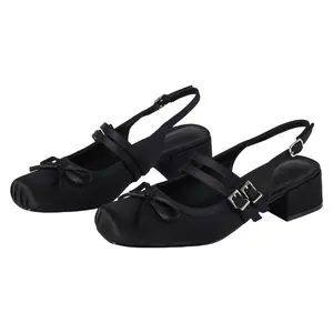 Women's silk square toe mary jane pumps with bow medium-high heels for women