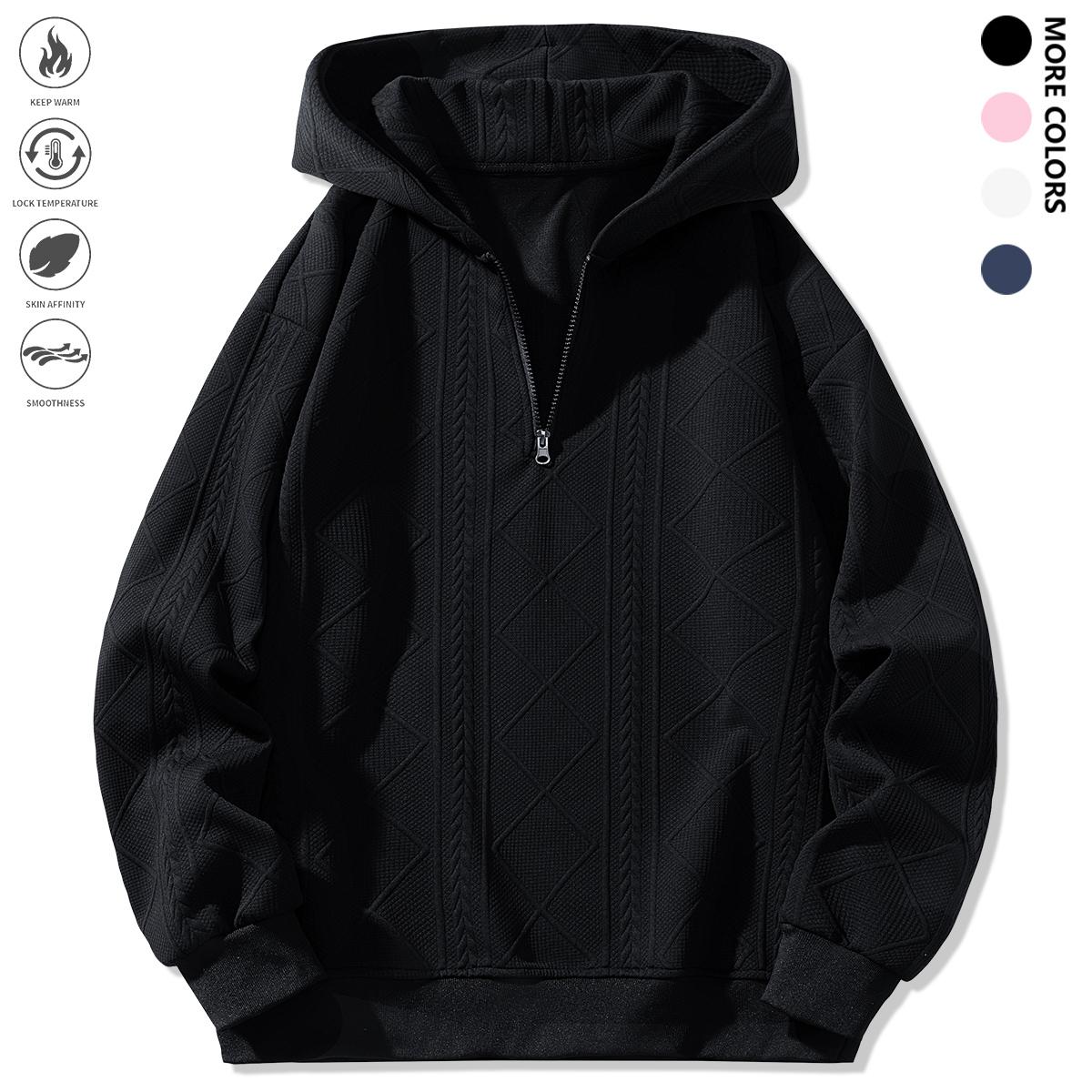 Men's Winter Casual Zip-Up Hoodie - Loose Fit Long Sleeve Pullover with Adjustable Hem, Solid Color Design, Suitable for Outdoor Activities and Everyday Wear, Machine Washable