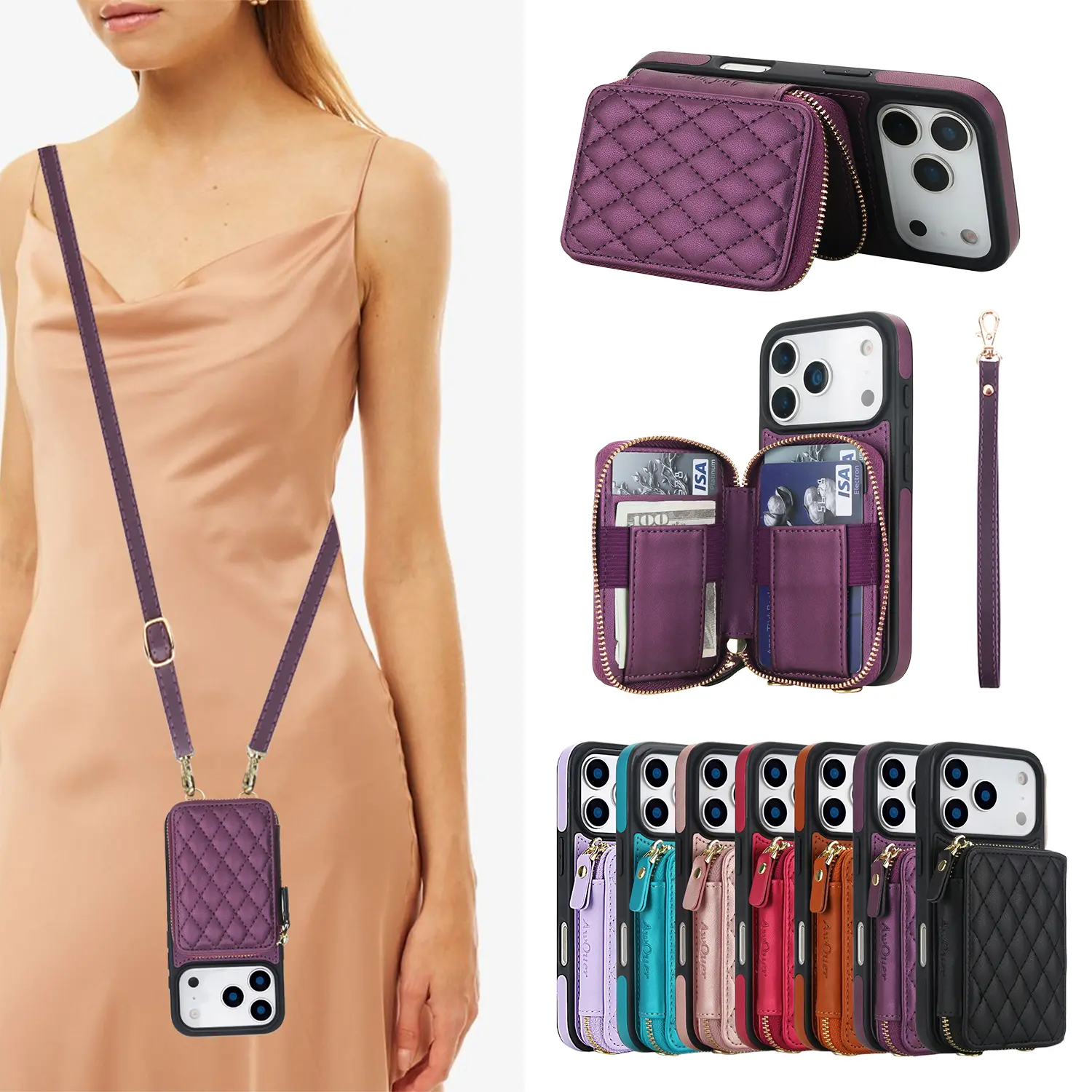 HISTORYOO RFID Blocking Cards Holders Slots Wallet Case for iPhone 17 Pro Max 16 Pro Max Air 17 16 15 14 13 12 Pro 16 15 14 Plus Crossbody Zipper Handbag Purse Flip Kickstand Folio Cover PU Leather with Wristlet Wrist Strap Lanyard for Women