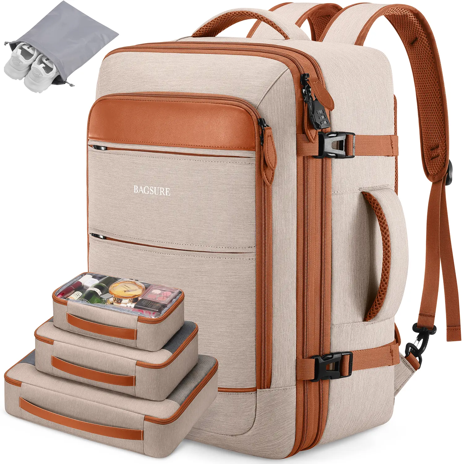 BAGSURE 42L Airline-Approved Synthetic Travel Backpack for Adults - Heavy-Duty Waterproof Polyester, 20x14x7 in, 17" Laptop Compartment, Hidden Straps, 3 Packing Cubes, Double Zipper, TSA-Friendly, Buckle, Laces, Everyday Carry Luggage