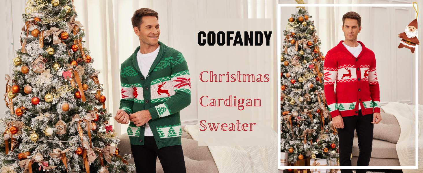 Coofandy Men's Fall Outfits  Christmas Cardigan - Reindeer Snowflake Shawl Collar Knitted Sweater for Winter Festive Occasions Casual Preppy Style