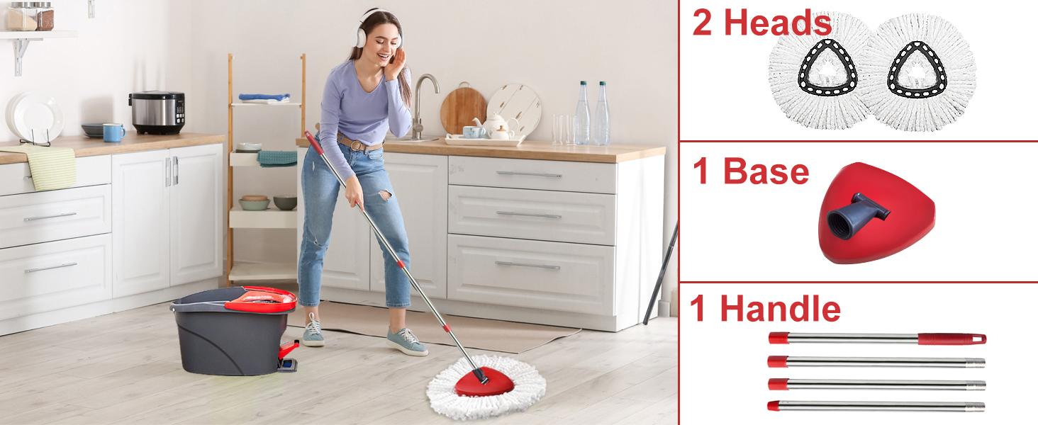 EasyWring Microfiber Spin Mop Replacement Head, Base Handle Replacement Set , with 2 Microfiber Refills Triangle Base & 30-58in Adjustable Handle Combo shower floor scrubber
