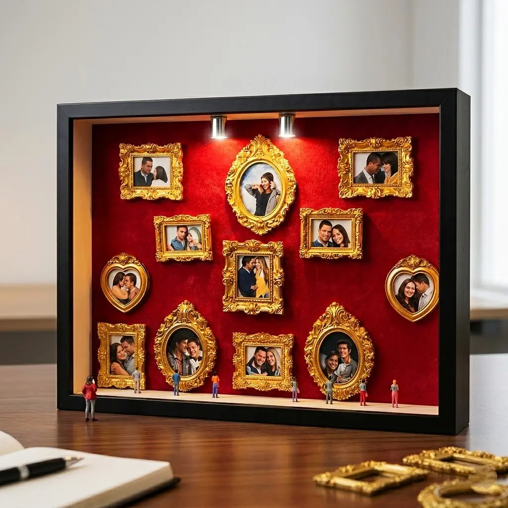 DIY Mini Museum Shadow Box Photo Frame Kit - 11 Mini Frames, 8 Random Figurines, Spotlights, Wooden Keepsake Resin Ornament Set, Adhesive, 8.94×12.36×1.46 Inches, Lighted Home Decor Memory Display, Holiday Gift, Figurine Decor, Decorative Home Ornament