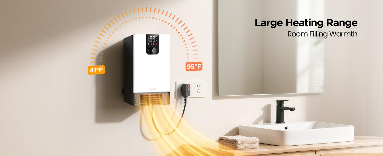 GiveBest Wall Heater for Bathroom, 1500W Fast Heating Electric Space Heater with ALCI Plug, Adjustable Thermostat, 3 Heating Modes, 24H Timer, Easy Mounted Heater for Indoor Use, Home, Office, White